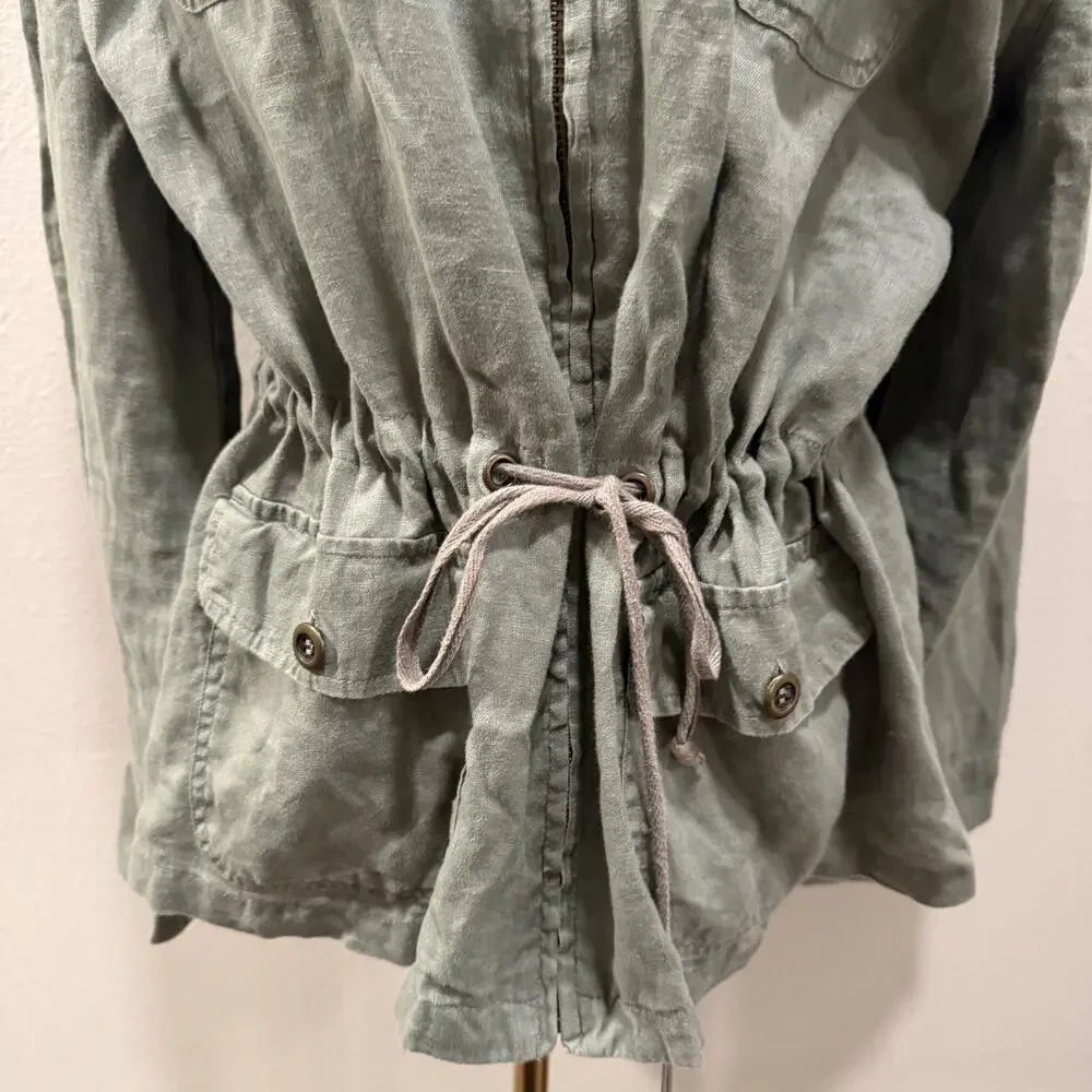 St Tropez West Olive Green 100% Linen Utility Jacket Large Coastal Safari Chic